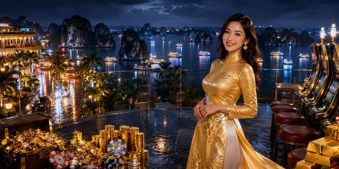 Người chơi slot game trong trang phục áo dài truyền thống trên Vịnh Hạ Long