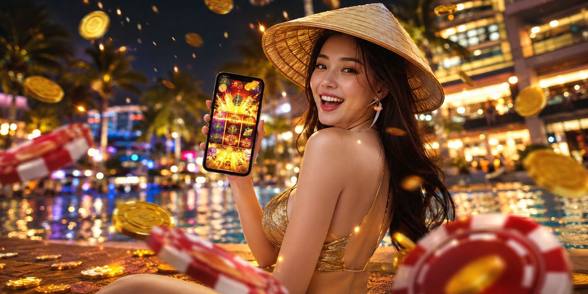 Người chơi thư giãn chơi slot game trên bãi biển Phú Quốc với nón lá truyền thống